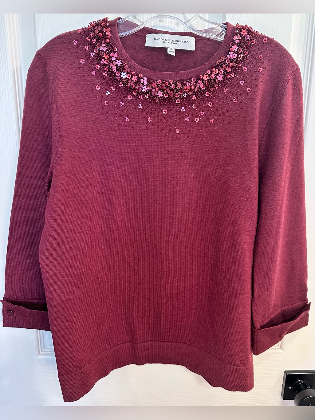 Carolina Herrera Rose Red Beaded & Sequined Crewneck Sweater Size Xl